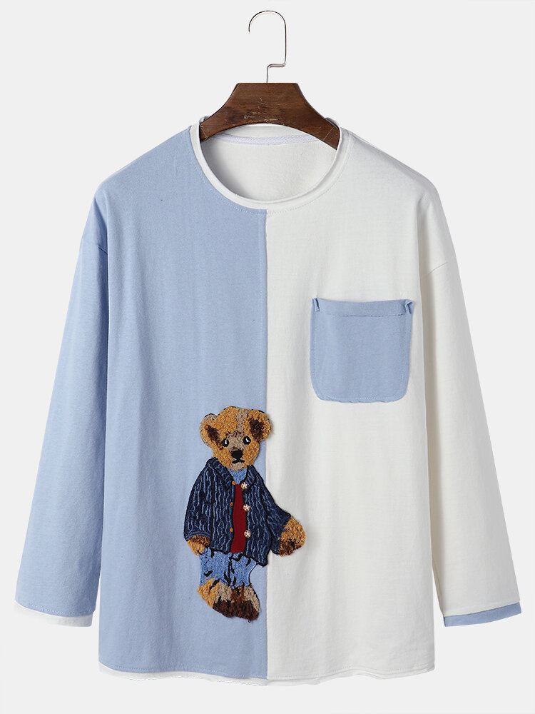 Miesten Teddy-sarjakuvaprintti Preppy Youngster Patchwork Top T-paita