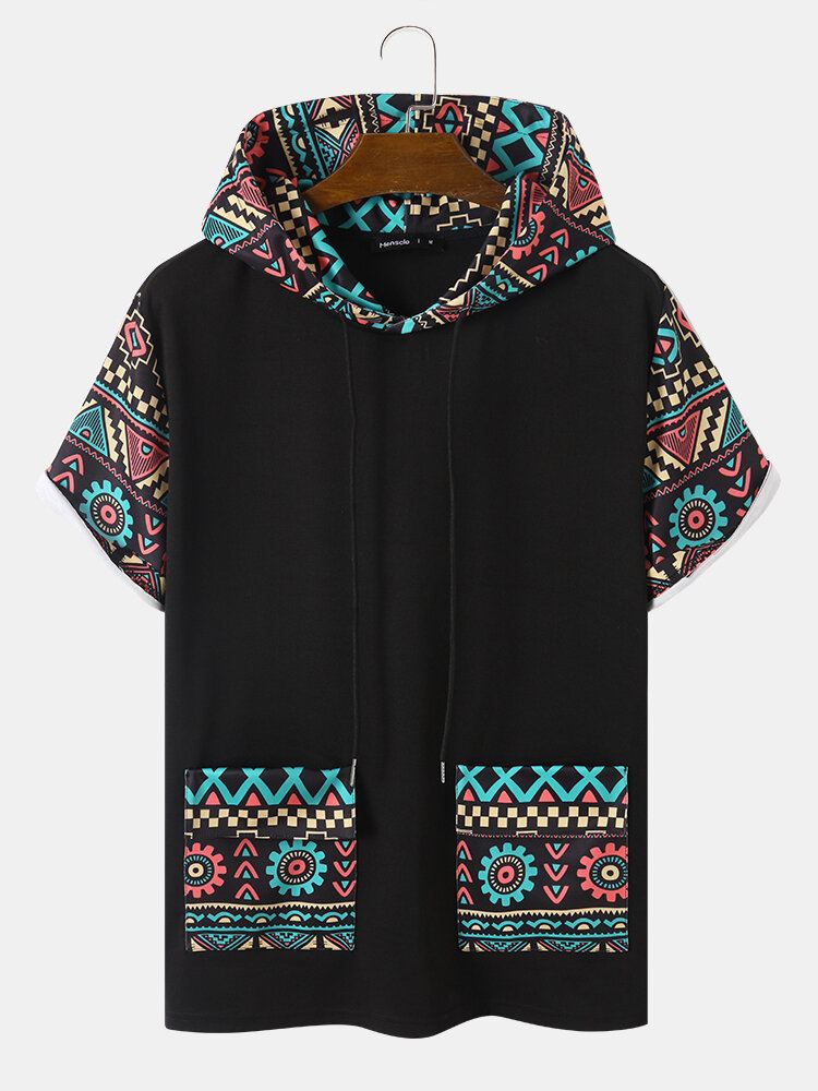 Miesten Tribal Geometric Print Patchwork Kaksitaskuiset Lyhythihaiset T-paidat