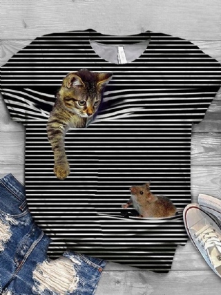 Naisten 3d Cat Animal Pinstripe Print O-kaula Rento Lyhythihaiset T-paidat