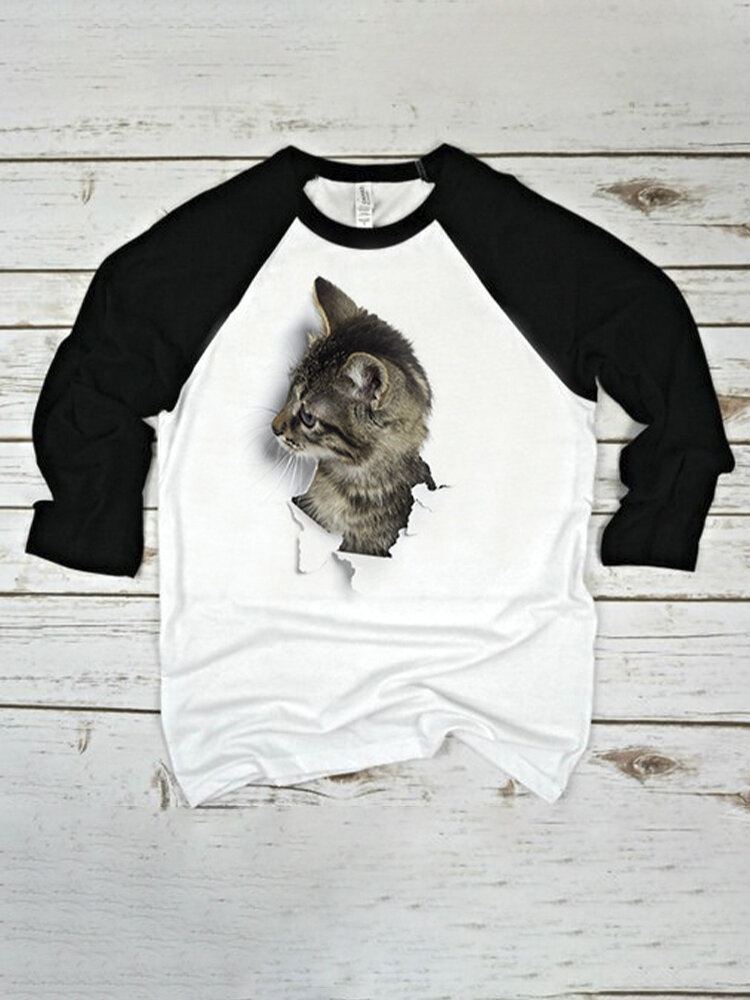 Naisten 3d Cat Patchwork Raglan Sleeve Pyöreäkaula-aukkoinen Rento T-paita