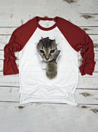 Naisten 3d Kissan Rintakuvioitu Patchwork Raglan Sleeve Pyöreäkaula-aukkoinen Causal T-paita