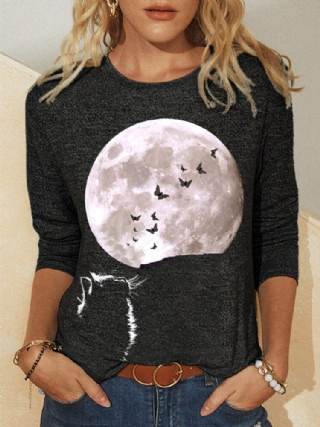 Naisten Cat Moon Graphic Printed Pitkähihainen O-kaula Rento T-paita