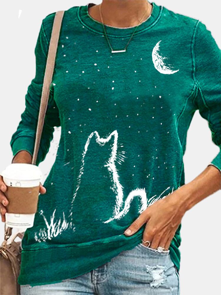 Naisten Cat Moon Print Pitkähihainen O-pääntie Casual Pullover T-paita