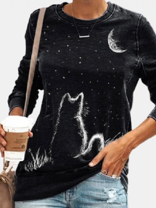 Naisten Cat Moon Print Pitkähihainen O-pääntie Casual Pullover T-paita