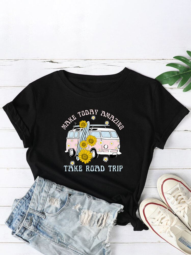 Naisten Daisy Car Slogan Print O-neck Casual Lyhythihaiset T-paidat