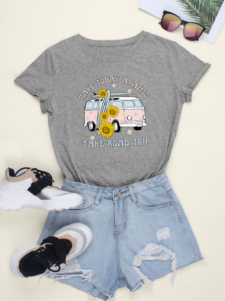 Naisten Daisy Car Slogan Print O-neck Casual Lyhythihaiset T-paidat