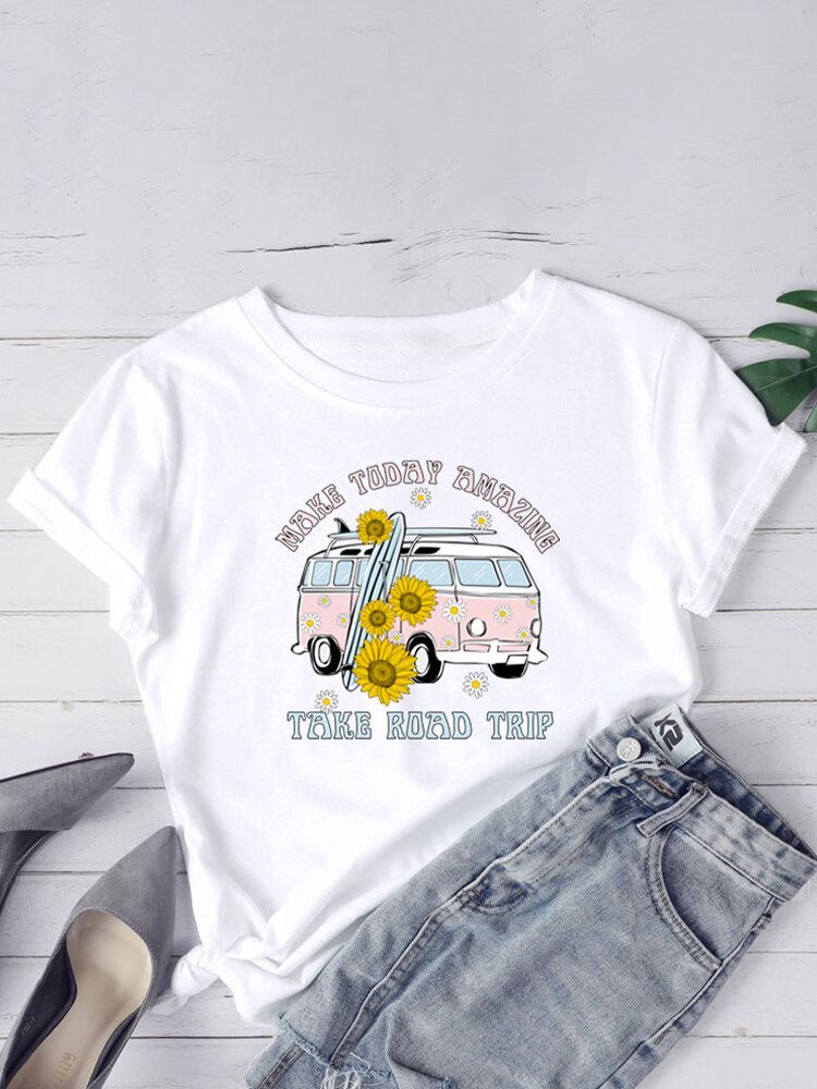 Naisten Daisy Car Slogan Print O-neck Casual Lyhythihaiset T-paidat