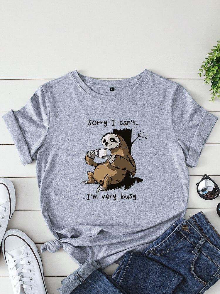 Naisten Funny Sloth Slogan Print O-kaula Lyhythihainen Päivittäinen Mukava T-paita