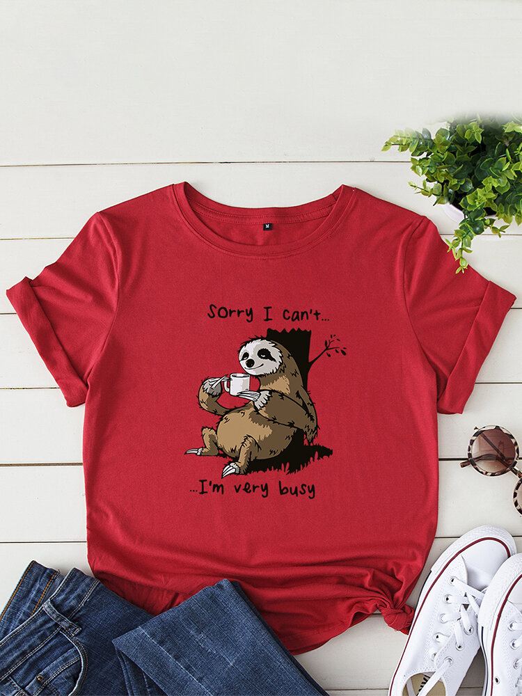 Naisten Funny Sloth Slogan Print O-kaula Lyhythihainen Päivittäinen Mukava T-paita