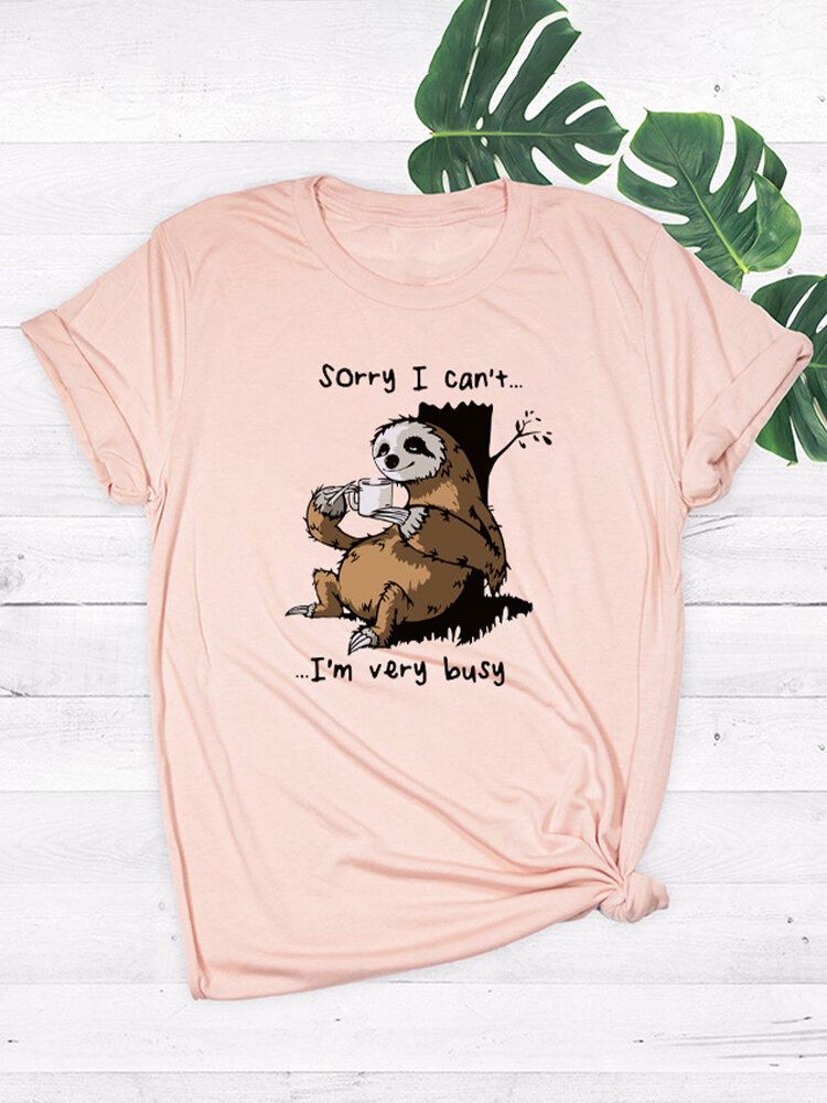 Naisten Funny Sloth Slogan Print O-kaula Lyhythihainen Päivittäinen Mukava T-paita