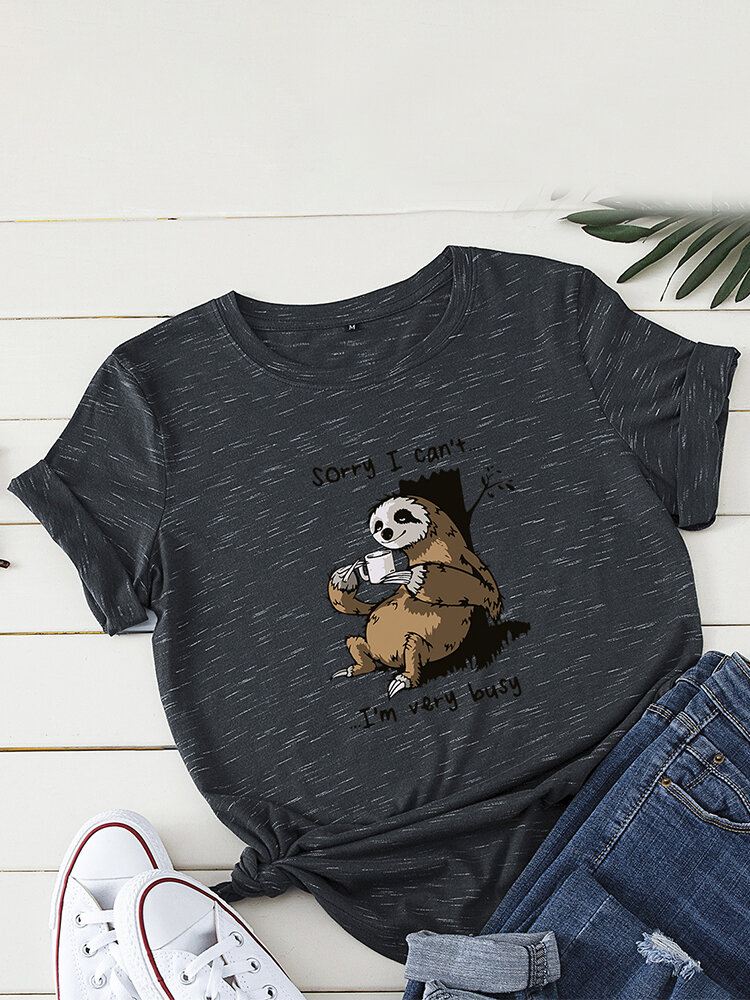 Naisten Funny Sloth Slogan Print O-kaula Lyhythihainen Päivittäinen Mukava T-paita