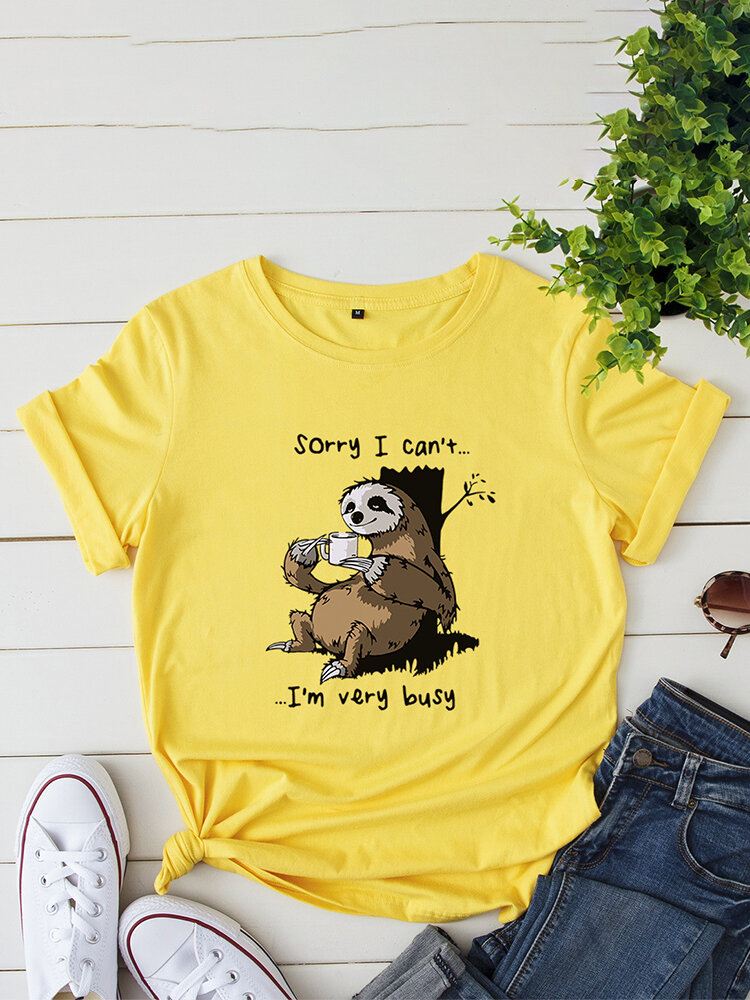 Naisten Funny Sloth Slogan Print O-kaula Lyhythihainen Päivittäinen Mukava T-paita