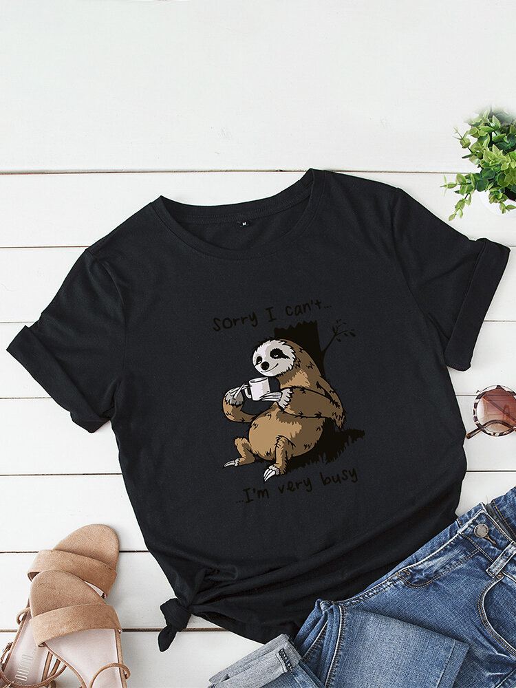 Naisten Funny Sloth Slogan Print O-kaula Lyhythihainen Päivittäinen Mukava T-paita