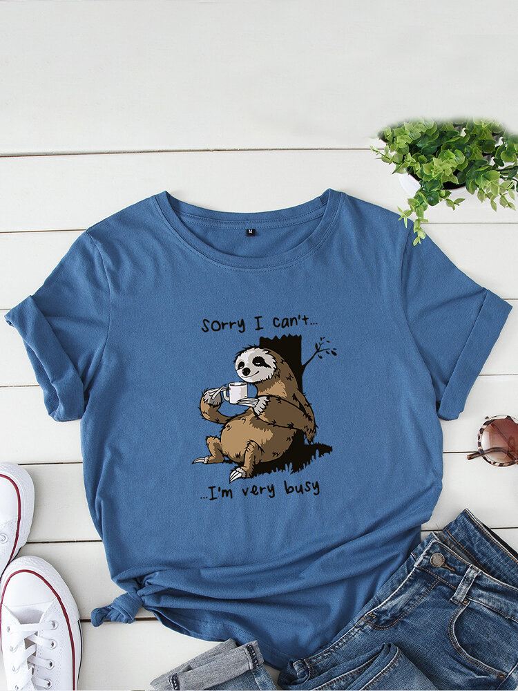 Naisten Funny Sloth Slogan Print O-kaula Lyhythihainen Päivittäinen Mukava T-paita