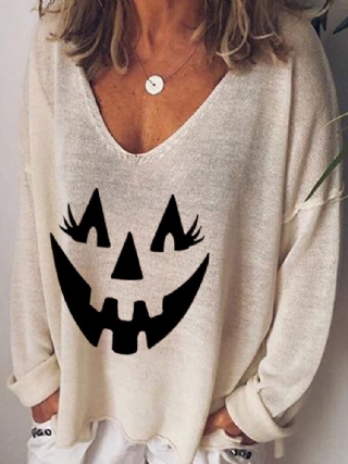 Naisten Halloween Funny Pumpkin Print V-pääntie Löysät Pitkähihaiset T-paidat