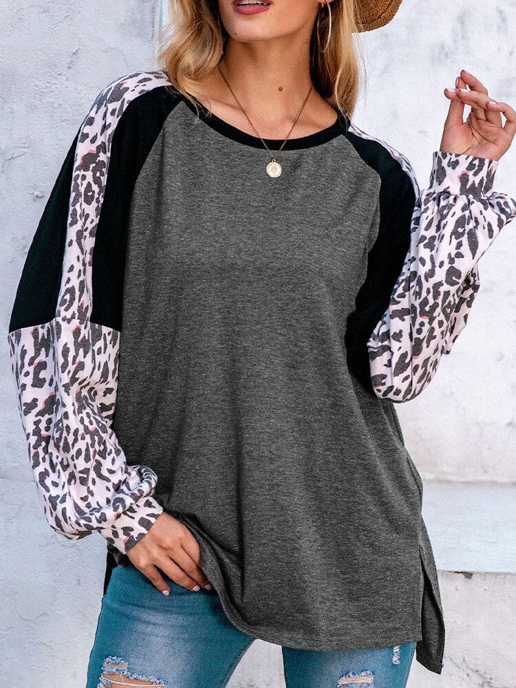 Naisten Leopard Raglan Sleeve Patchwork O-kaula Rento Löysä T-paita