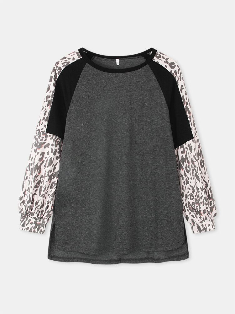 Naisten Leopard Raglan Sleeve Patchwork O-kaula Rento Löysä T-paita