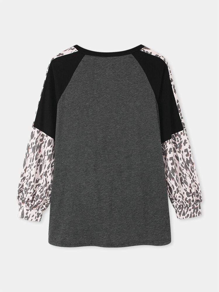 Naisten Leopard Raglan Sleeve Patchwork O-kaula Rento Löysä T-paita