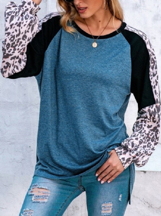 Naisten Leopard Raglan Sleeve Patchwork O-kaula Rento Löysä T-paita