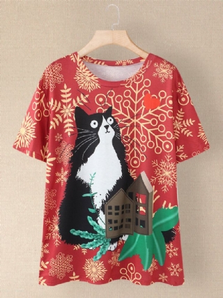 Naisten Sarjakuva Cat Allover Print O-kaula Rento Lyhythihaiset T-paidat
