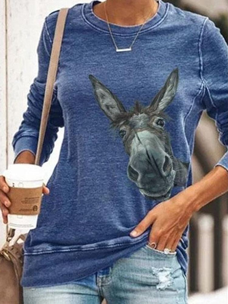 Naisten Sarjakuva Funny Donkey Print Pitkähihainen O-kaula Rento Collegepaita