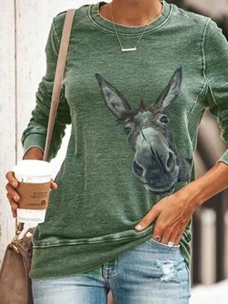 Naisten Sarjakuva Funny Donkey Print Pitkähihainen O-kaula Rento Collegepaita