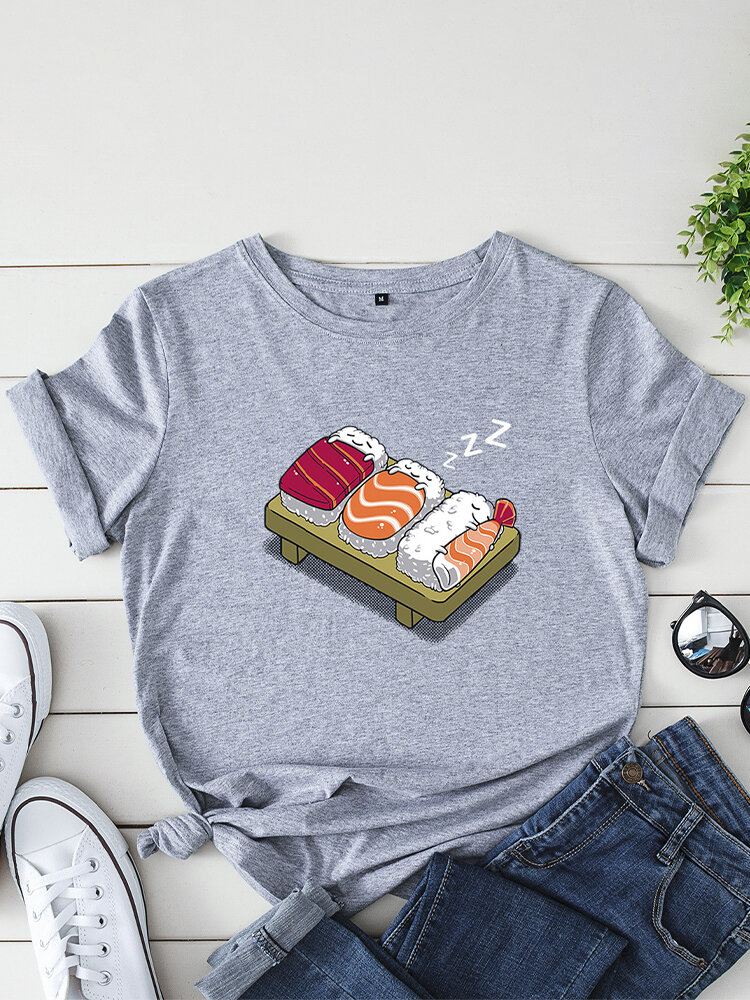 Naisten Sarjakuva Sleeping Sushi Print O-kaula Lyhythihainen Vapaa-ajan T-paita