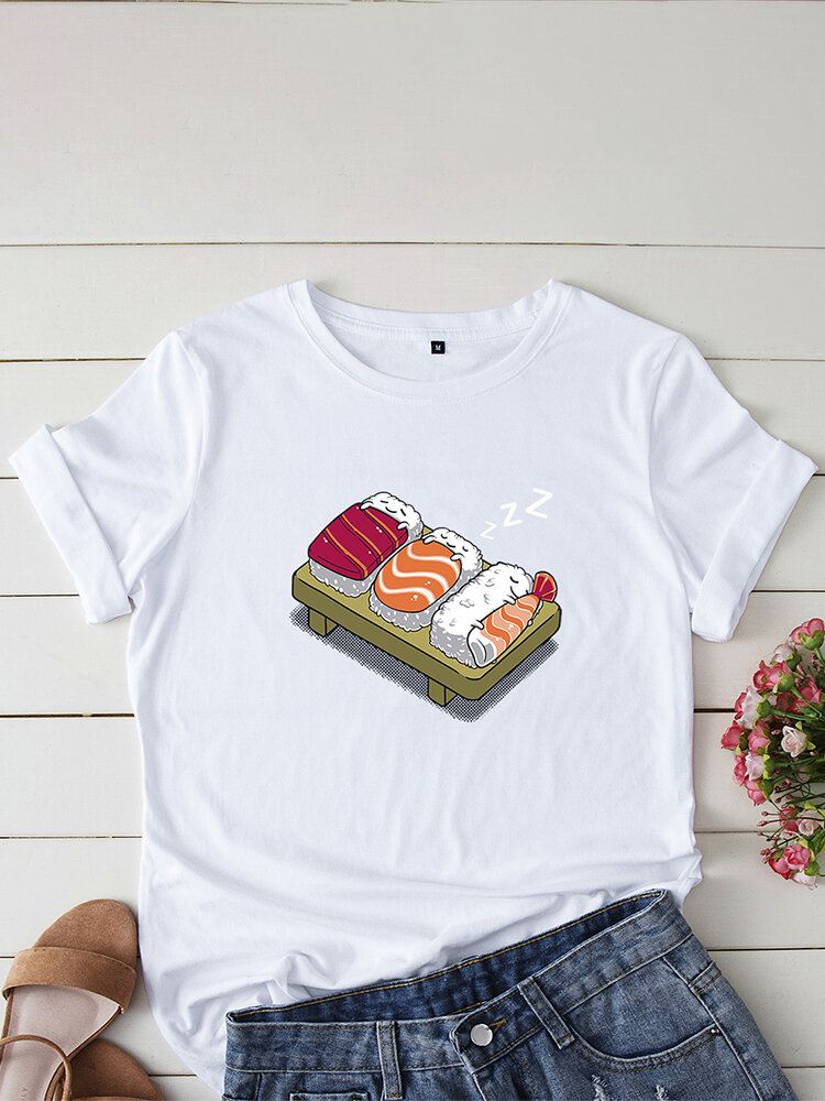 Naisten Sarjakuva Sleeping Sushi Print O-kaula Lyhythihainen Vapaa-ajan T-paita