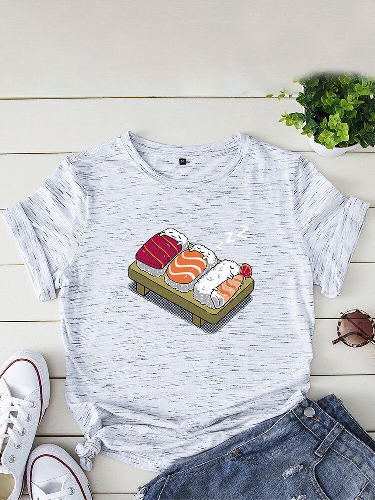 Naisten Sarjakuva Sleeping Sushi Print O-kaula Lyhythihainen Vapaa-ajan T-paita