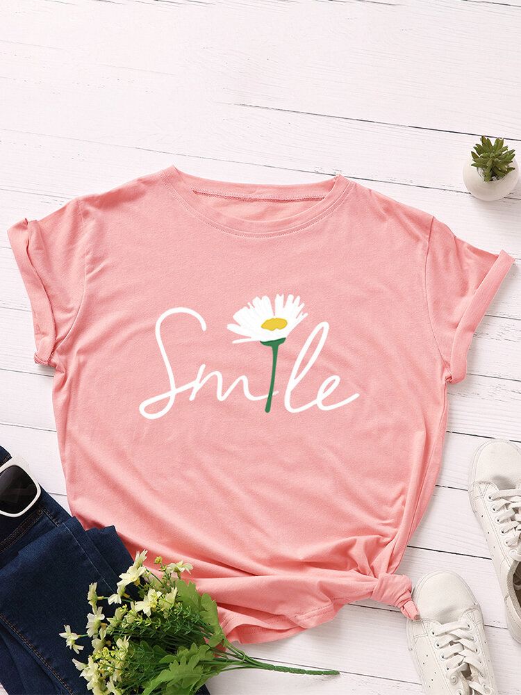 Naisten Smile Daisy Print Monivärinen O-kaula Lyhythihainen Rento T-paita