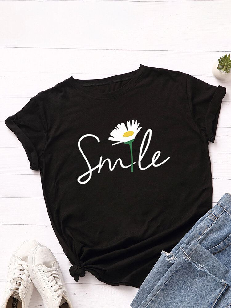 Naisten Smile Daisy Print Monivärinen O-kaula Lyhythihainen Rento T-paita