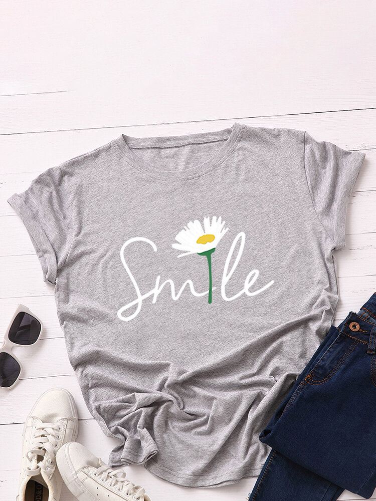 Naisten Smile Daisy Print Monivärinen O-kaula Lyhythihainen Rento T-paita