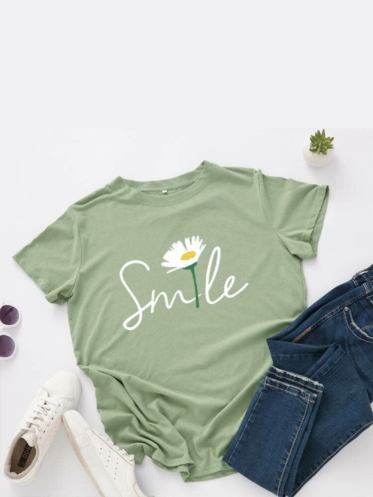 Naisten Smile Daisy Print Monivärinen O-kaula Lyhythihainen Rento T-paita