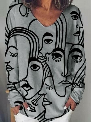 Naisten Taide Abstrakti Hahmoprintti Löysä Pitkähihainen Rento T-paita