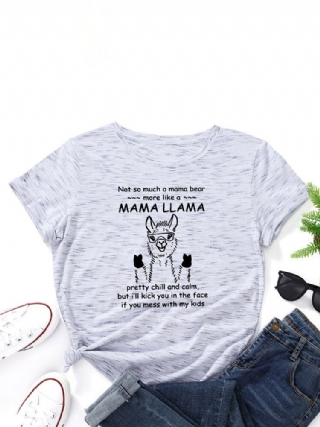 Sarjakuva Alpaca Letters-printti Pyöreäkaula-aukoinen T-paita Naisille