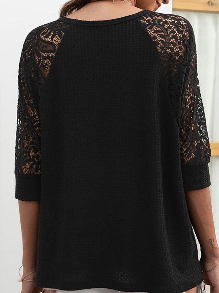 Solid Lace Patchwork Hollow Out Raglan Sleeve T-paita