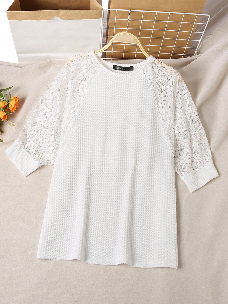 Solid Lace Patchwork Hollow Out Raglan Sleeve T-paita