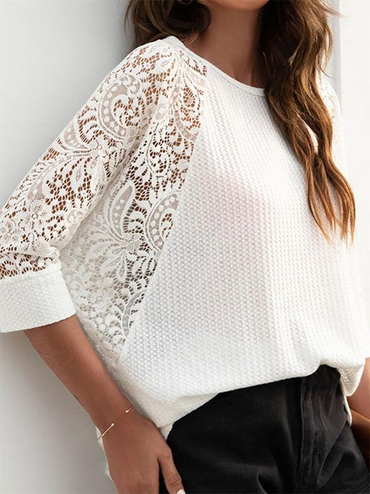 Solid Lace Patchwork Hollow Out Raglan Sleeve T-paita