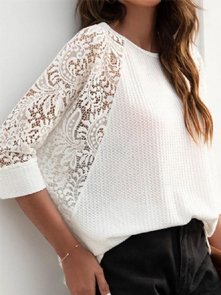 Solid Lace Patchwork Hollow Out Raglan Sleeve T-paita