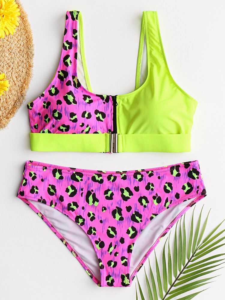 Naisten Leopard Patchwork Etuvetoketju Bikinit Takattomat Uimahousut