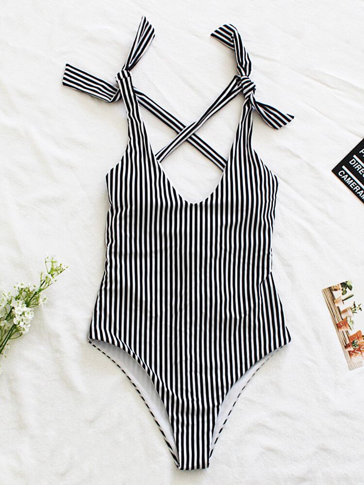 Naisten Pinstripe Criss Cross Back Söpö Rusetti Olkapää Yksiosainen Laihduttava Uimapuku