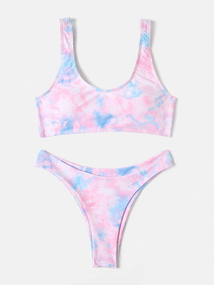 Naisten Tie-dye Print Leveät Olkaimet Matala Vyötäröinen Bikinit Uimapuku