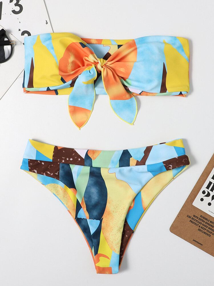 Naisten Värikäs Printtisolmio Edessä Bandeau Olkaimeton Bikinit Stringillä