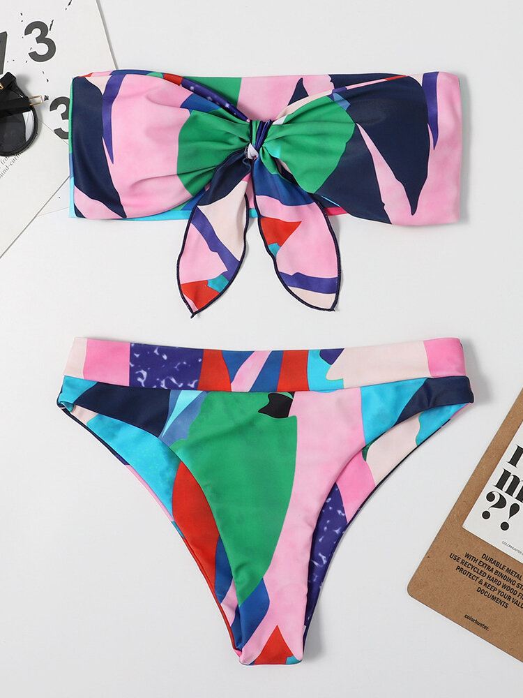 Naisten Värikäs Printtisolmio Edessä Bandeau Olkaimeton Bikinit Stringillä