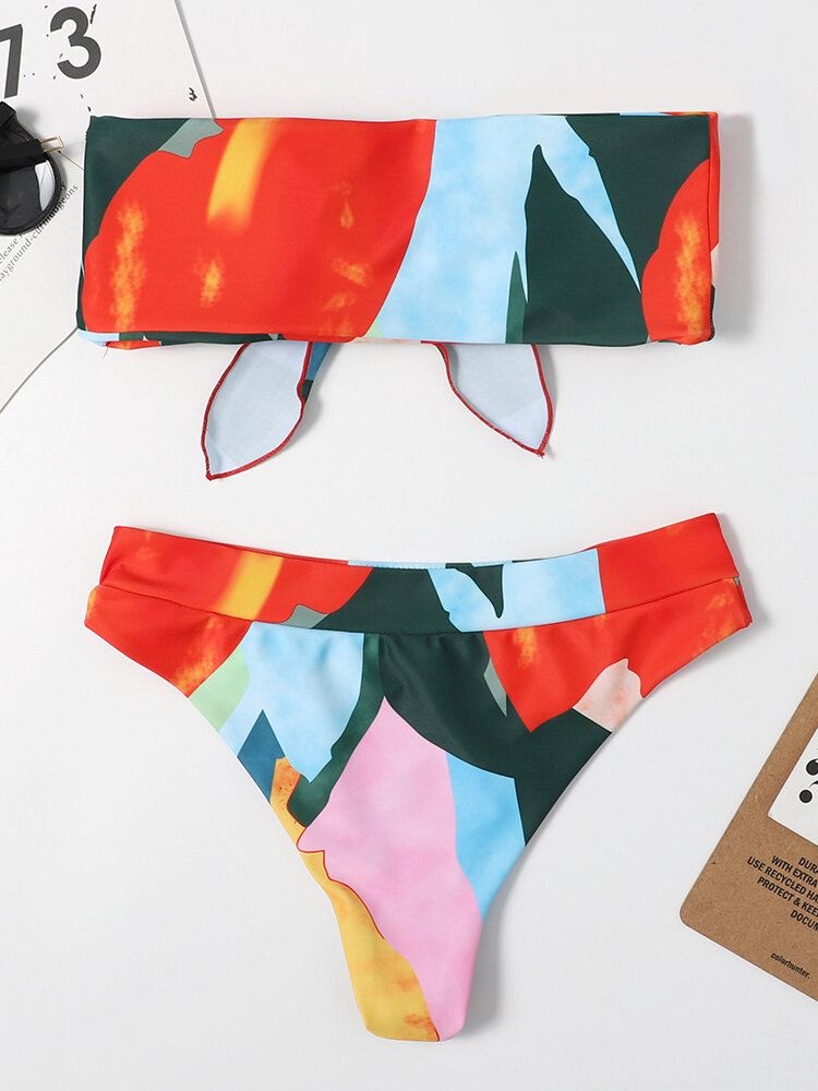 Naisten Värikäs Printtisolmio Edessä Bandeau Olkaimeton Bikinit Stringillä