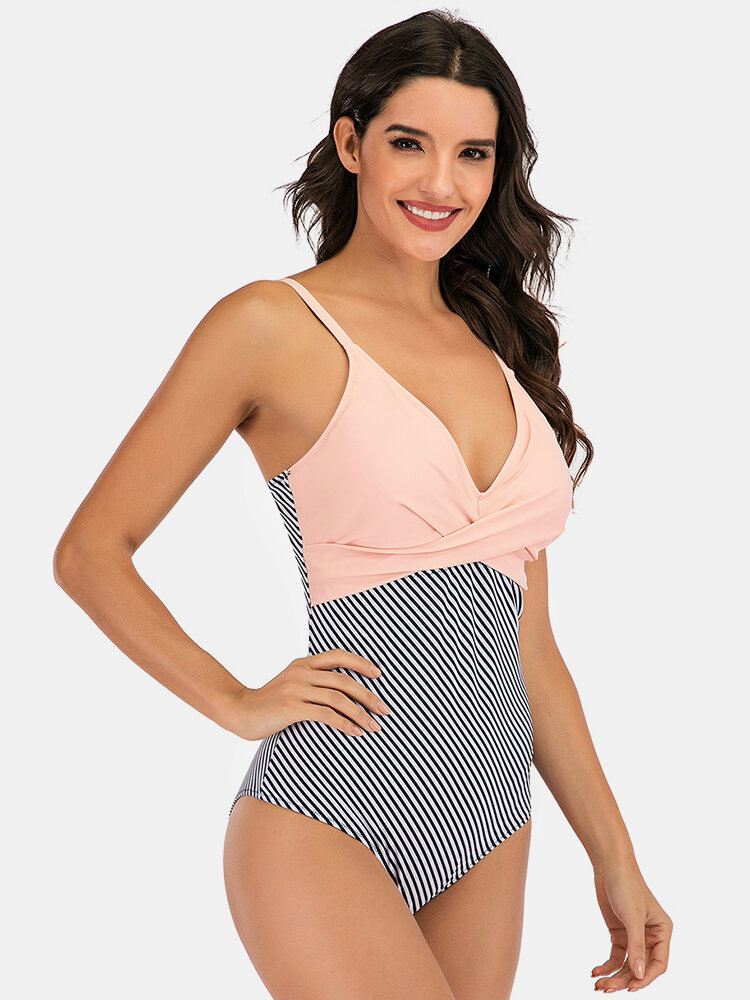 Plus Size Naisten Stripe Splice Kaksisävyiset Skinny Fit One Piece-uimapuvut