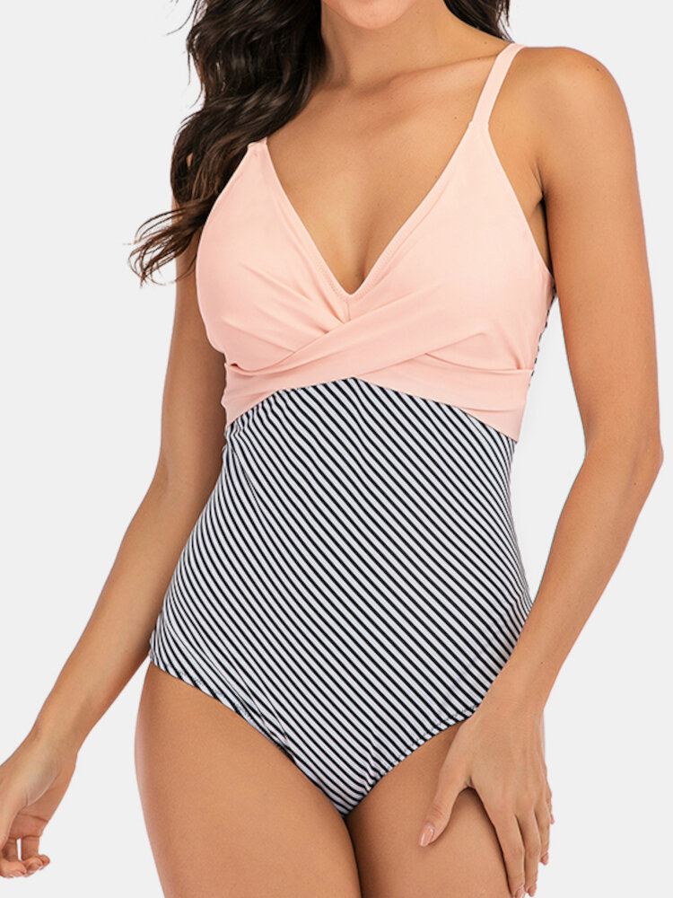 Plus Size Naisten Stripe Splice Kaksisävyiset Skinny Fit One Piece-uimapuvut