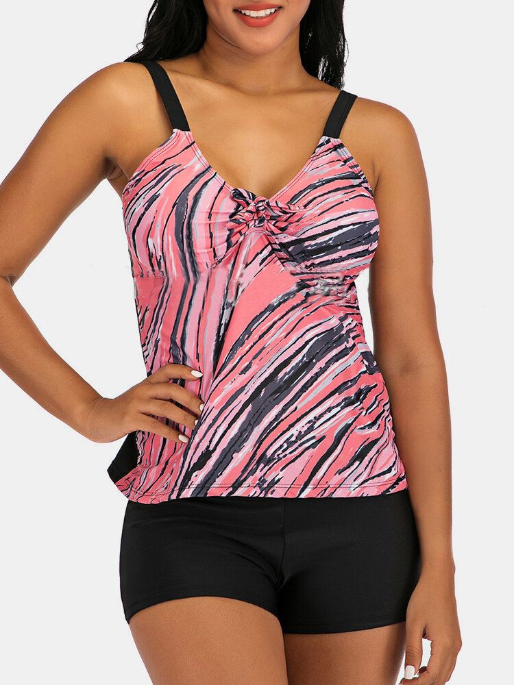 Plus Size Naisten Värikäs Stripe Print Solmio Edessä Langaton Strappy Tankinis-uimapuku