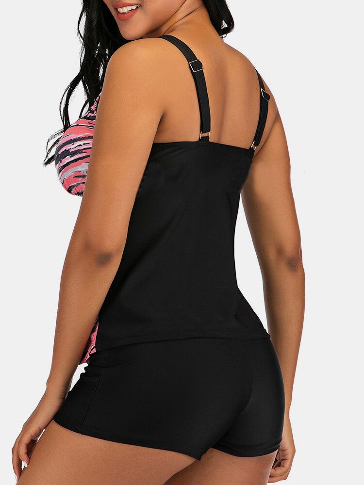 Plus Size Naisten Värikäs Stripe Print Solmio Edessä Langaton Strappy Tankinis-uimapuku