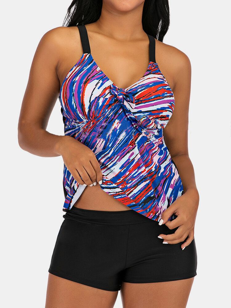 Plus Size Naisten Värikäs Stripe Print Solmio Edessä Langaton Strappy Tankinis-uimapuku